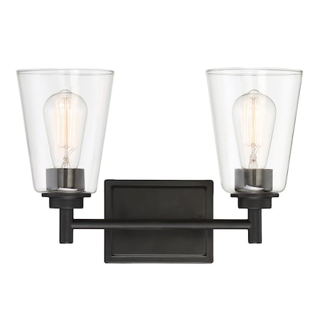 Designers Fountain Westin 15in 2-Light Matte Black Modern Industrial Indoor Vanity Light with Clear Glass Shades 95702-MB